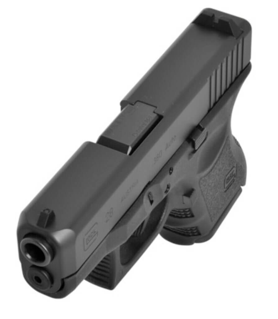 Top angle of sights on black handgun